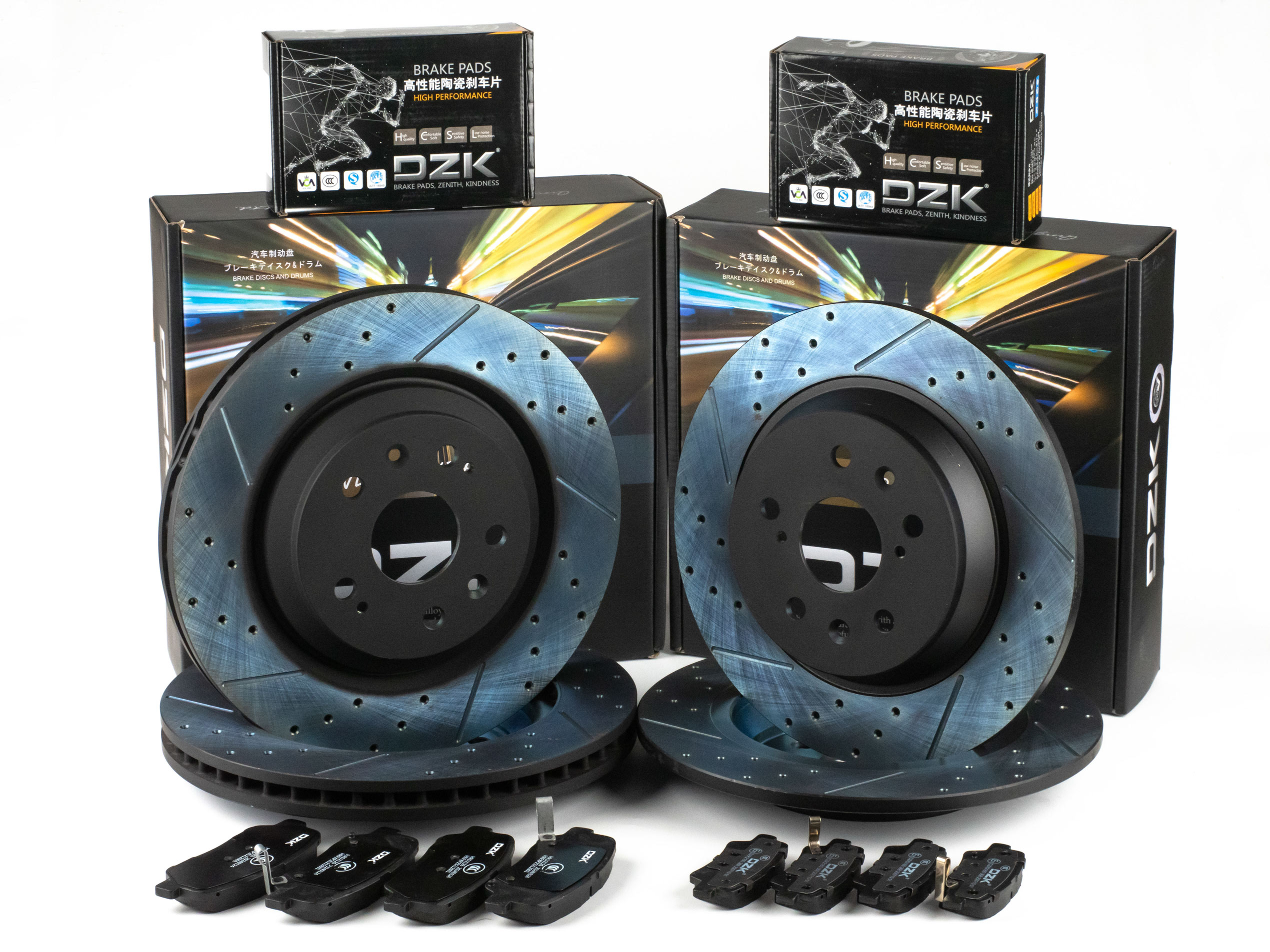 Комплект передних и задних тормозных дисков и колодок DZK для GELLY ATLAS PRO 2021-2025 1.5 AMT7 177 AWD