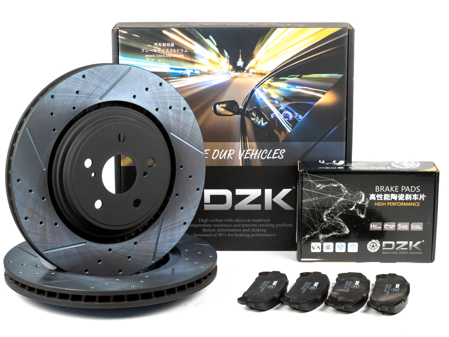 Комплект передних тормозных дисков и колодок DZK для TOYOTA HIGHLANDER GEN 4 2019 - 2026 (XU70)