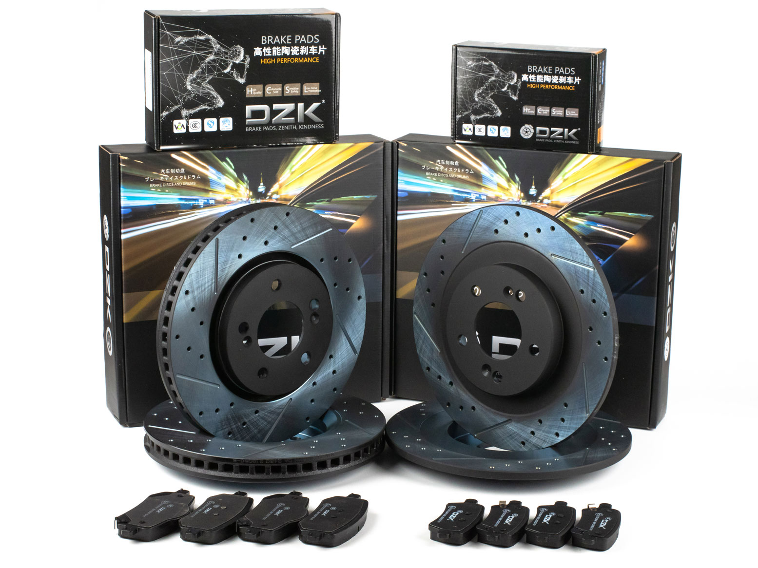 Комплект передних и задних тормозных дисков и колодок DZK для Chery Arizzo 8 GEN 1 2022-н.в. 1.6 AMT7 186 FWD