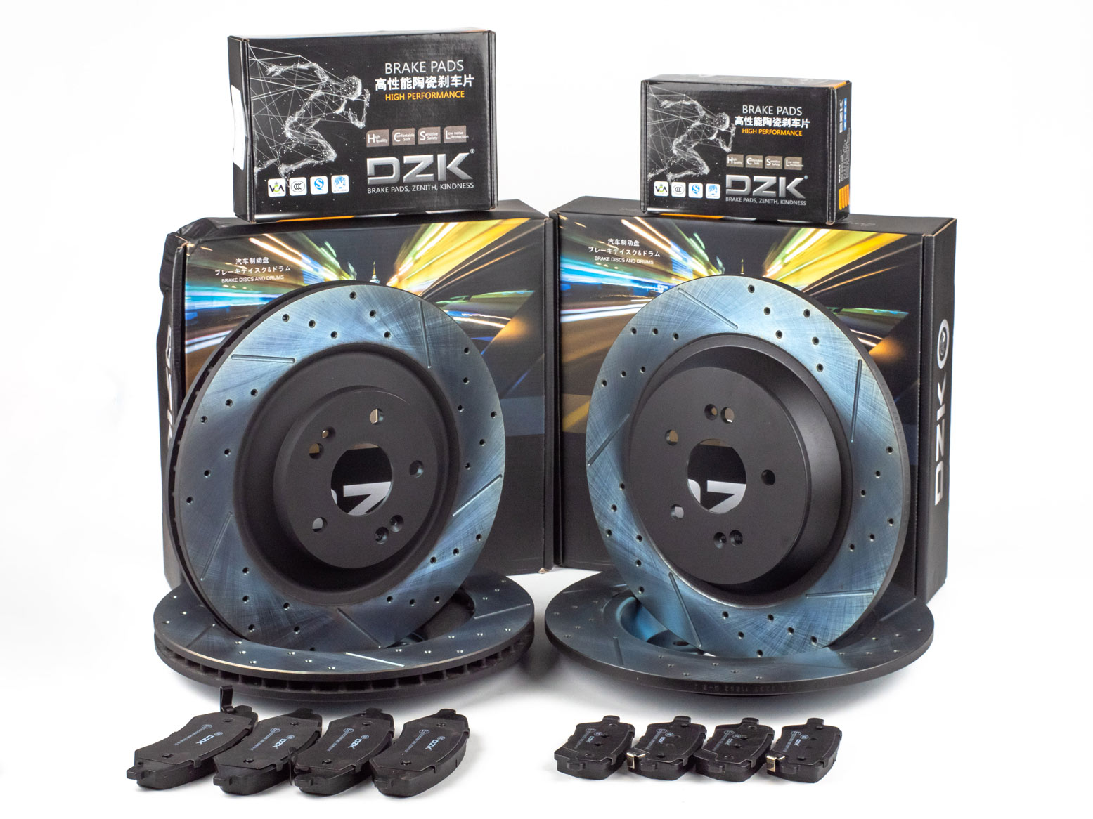 Комплект передних и задних тормозных дисков и колодок DZK для JETOUR X90 Plus GEN 1 2021-н.в. 1.6 АМТ7 190 FWD