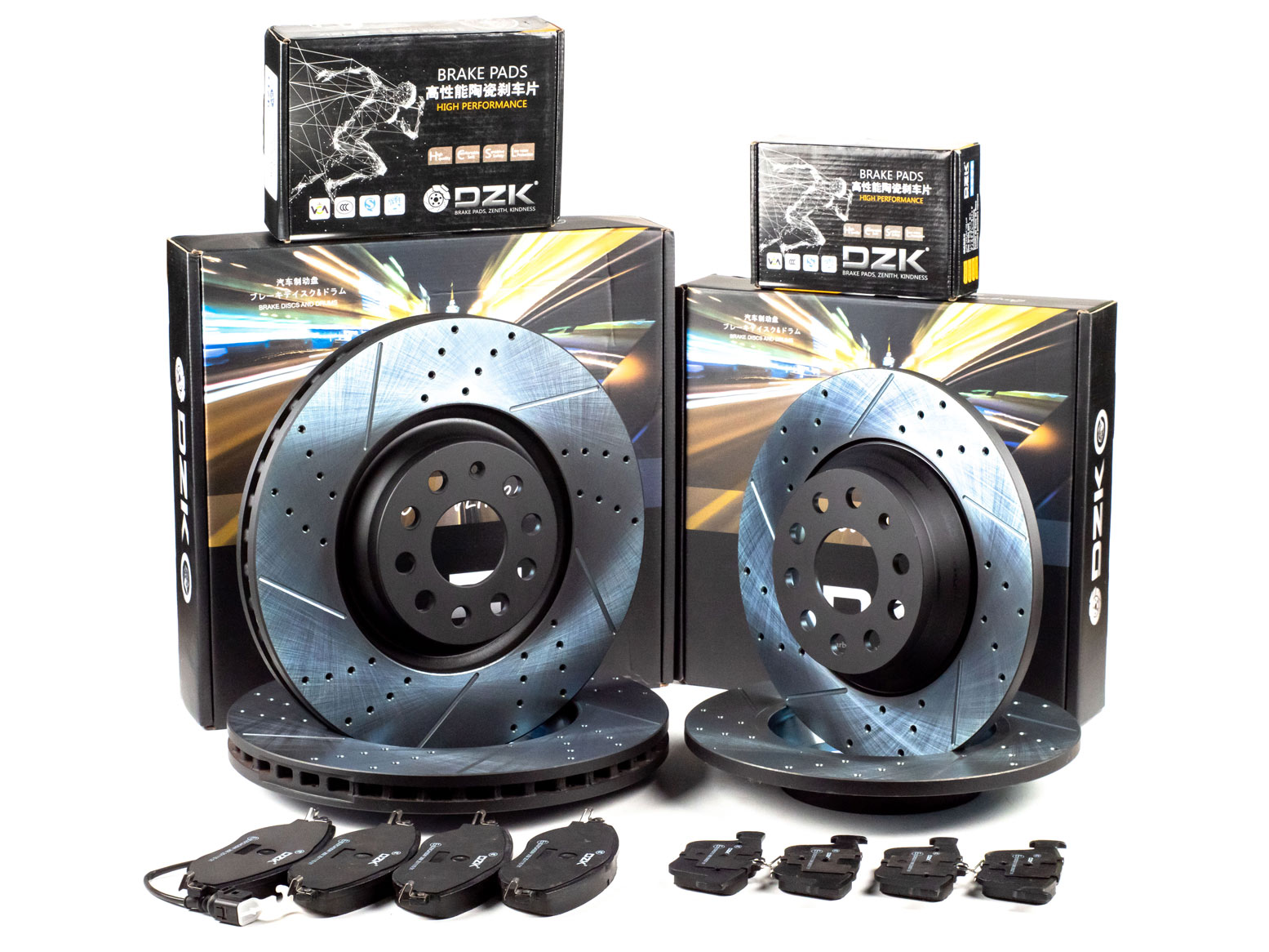 Комплект передних и задних тормозных дисков и колодок DZK для SKODA KODIAQ GEN 1 2016 - 2023 2.0 TFSI AMT7 180 AWD