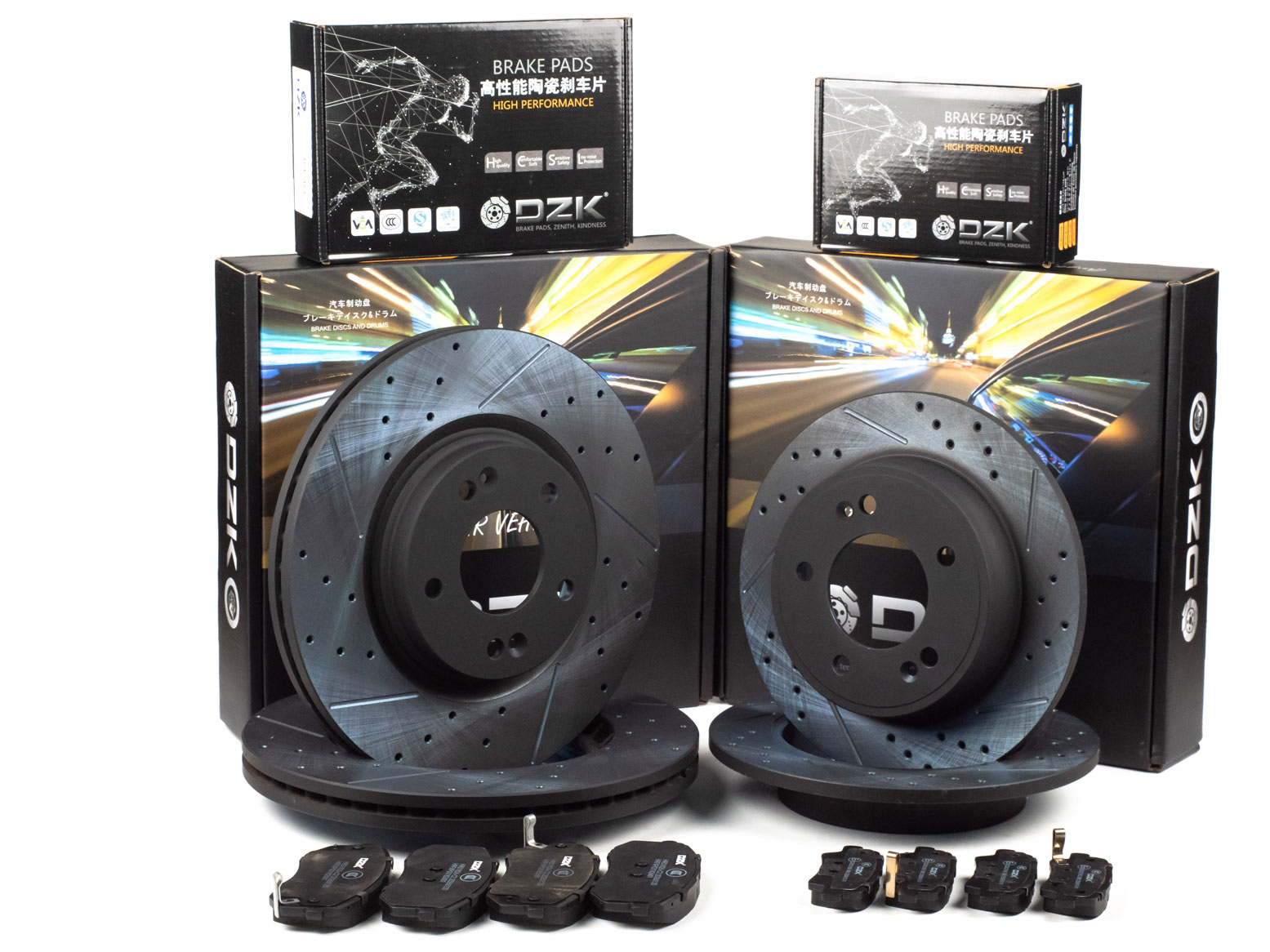 Комплект передних и задних тормозных дисков и колодок DZK для HYUNDAI ELANTRA GEN 6 2015 - 2020