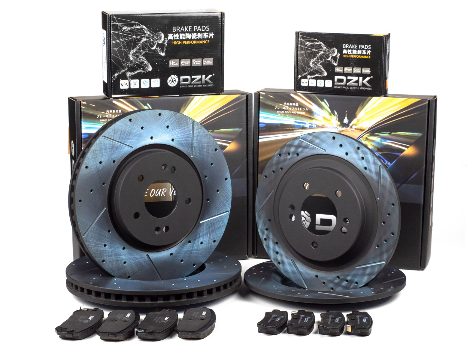 Комплект передних и задних тормозных дисков и колодок DZK для HYUNDAI TUCSON GEN 3 2015 - 2021