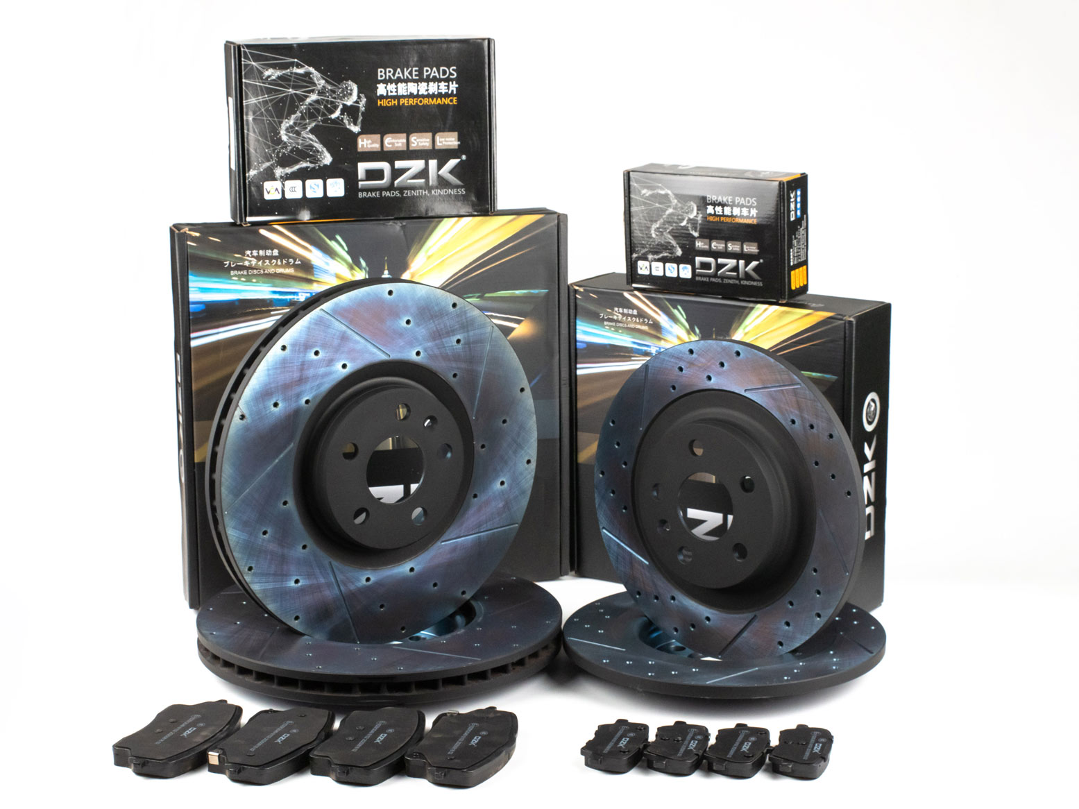 Комплект передних и задних тормозных дисков и колодок DZK для GELLY MONJARO GEN 1 2021-2025 2.0 AT8 238 AWD