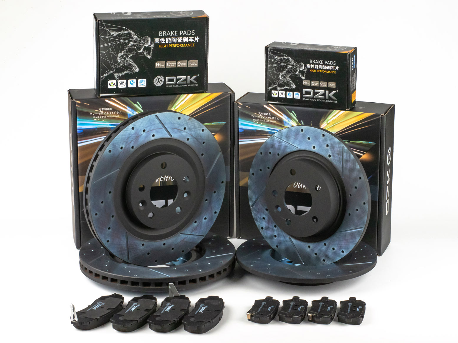 Комплект передних и задних тормозных дисков и колодок DZK для EXEED TXL GEN 1 REST 1 2021-н.в. 2.0 AMT7 197 AWD