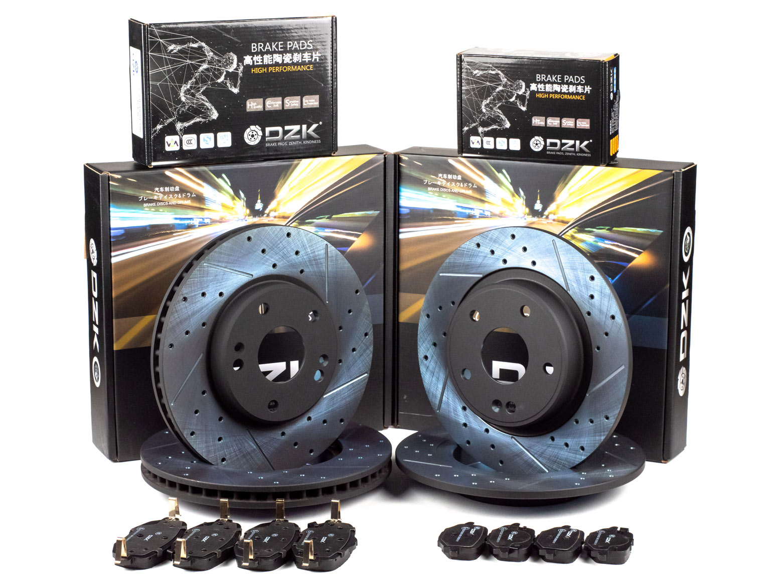 Комплект передних и задних тормозных дисков и колодок DZK для Changan Lamore GEN 1 2023 - н.в. 1.5 AMT7 181 FWD