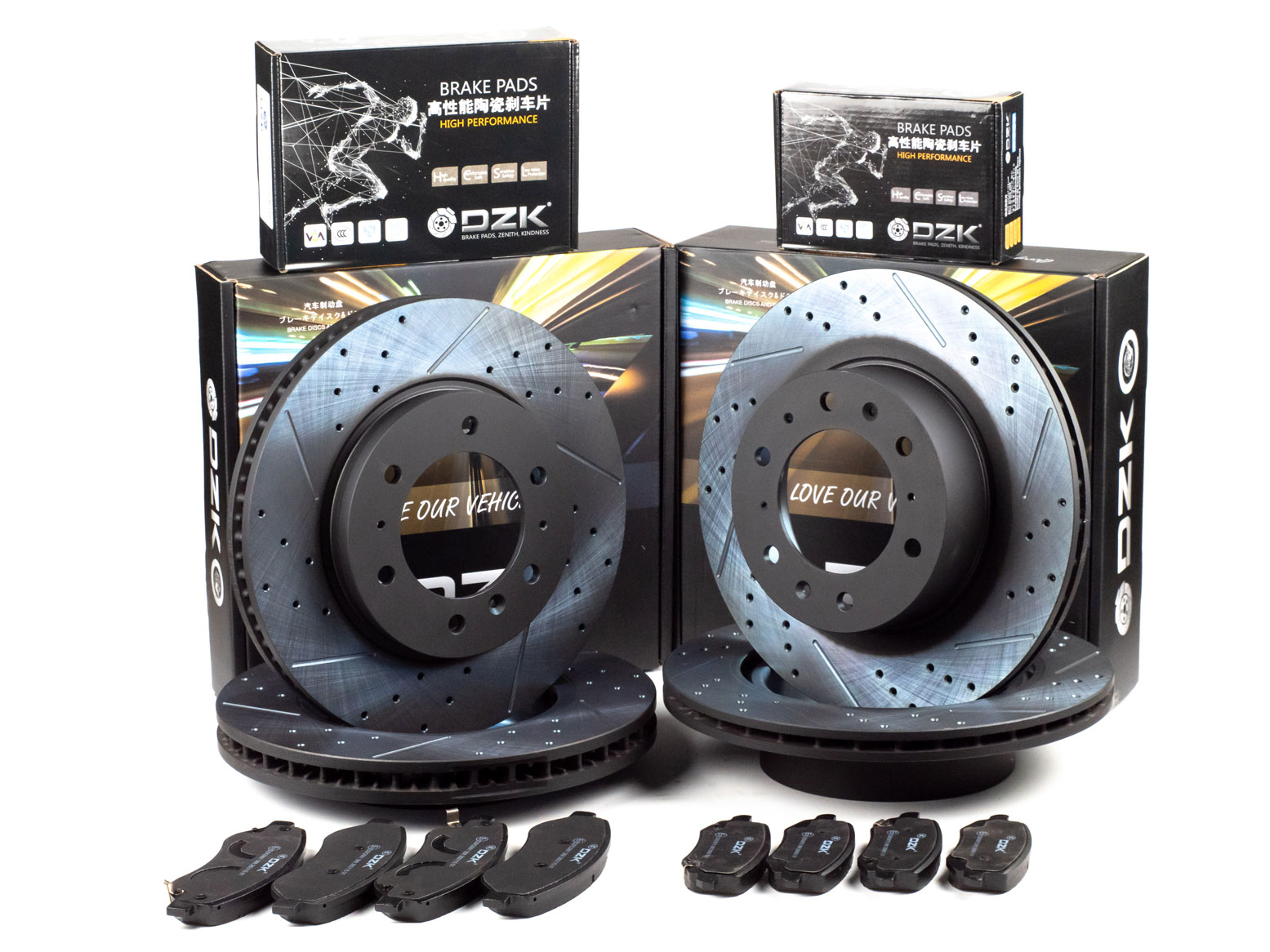 Комплект передних и задних тормозных дисков и колодок DZK для HAVAL H5 GEN 2 2023-н.в. 2.0T AT8 200 AWD