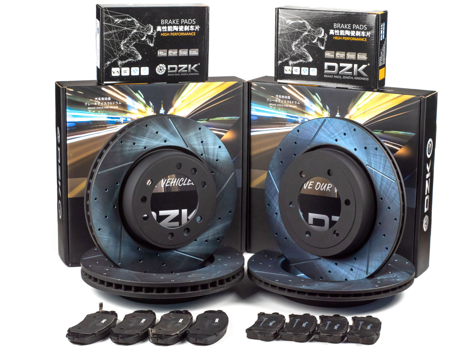 Комплект передних и задних тормозных дисков и колодок DZK для Changan Hunter Plus GEN 1 2023 - н.в. 2.0 AT8 226 AWD