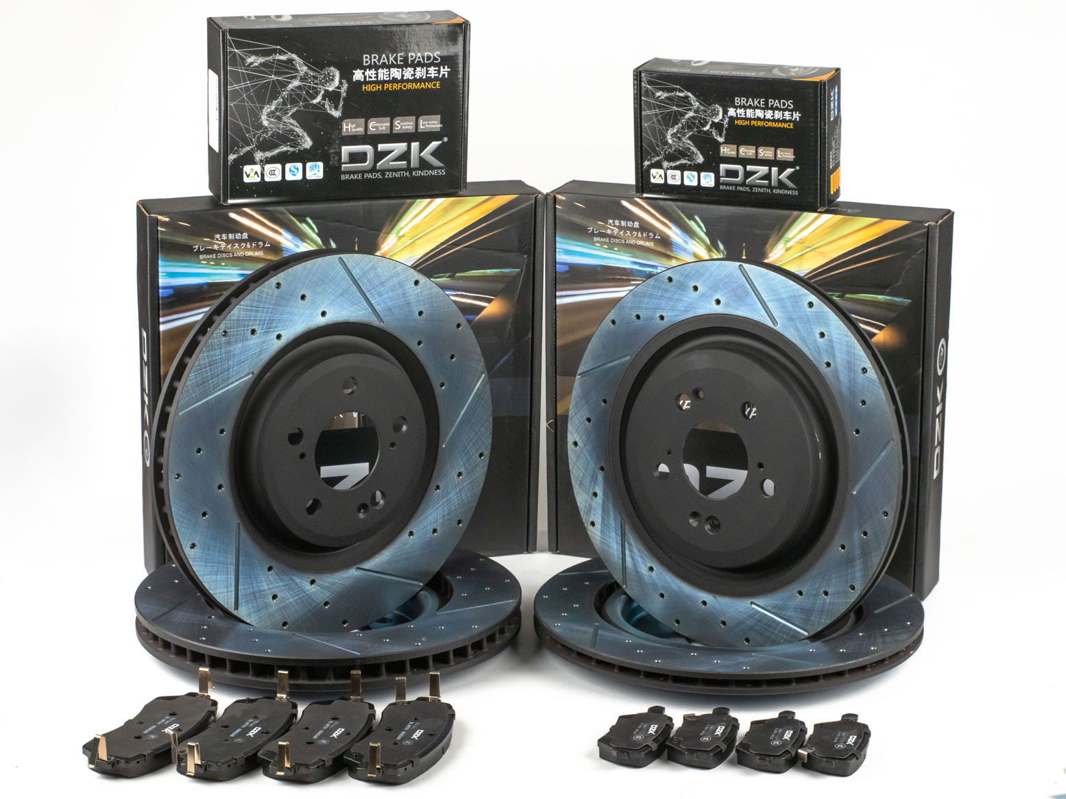 Комплект передних и задних тормозных дисков и колодок DZK для WEY Coffee 01 GEN 1 2021-н.в. 2.0 Hybrid AMT9 476 AWD