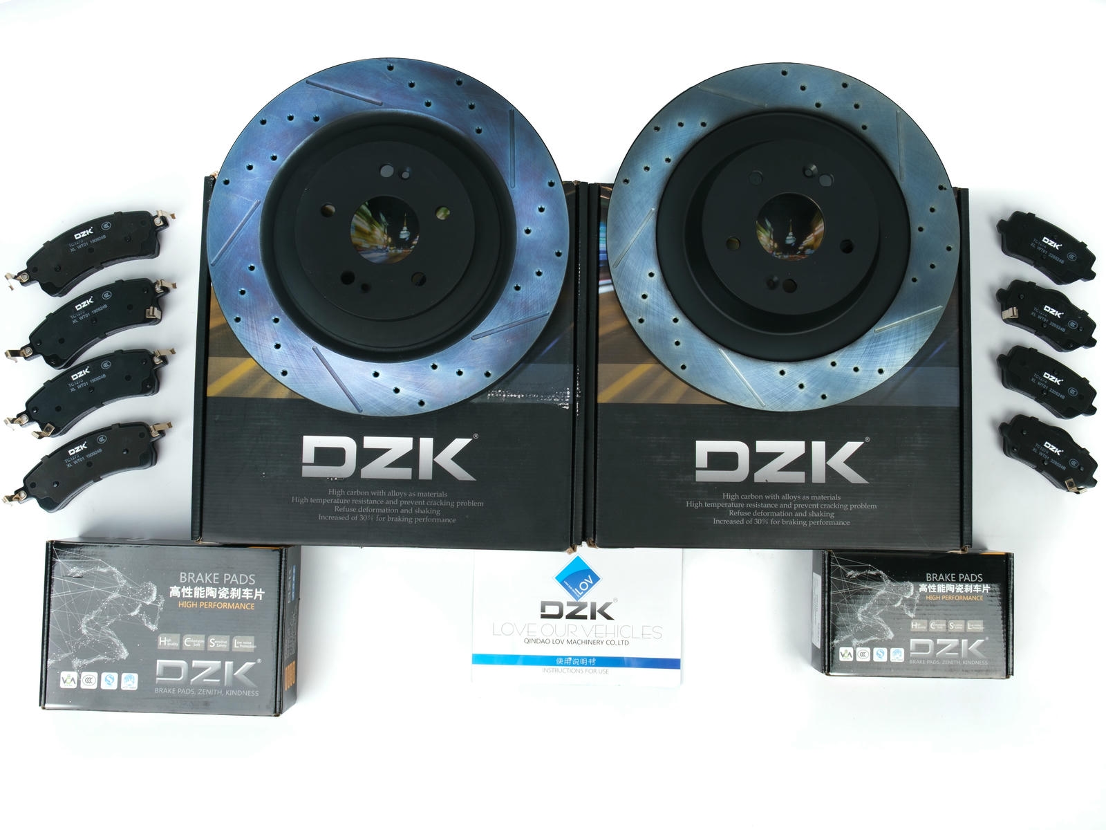 Комплект передних и задних тормозных дисков и колодок DZK для JETOUR DASHING GEN 1 2022-н.в. 1.6 АМТ7 190 FWD