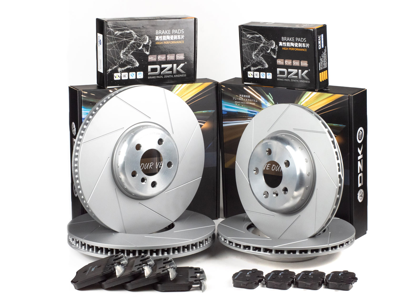 Комплект передних и задних тормозных дисков и колодок DZK для BMW 5 (G30/F90) 2017 - 2024