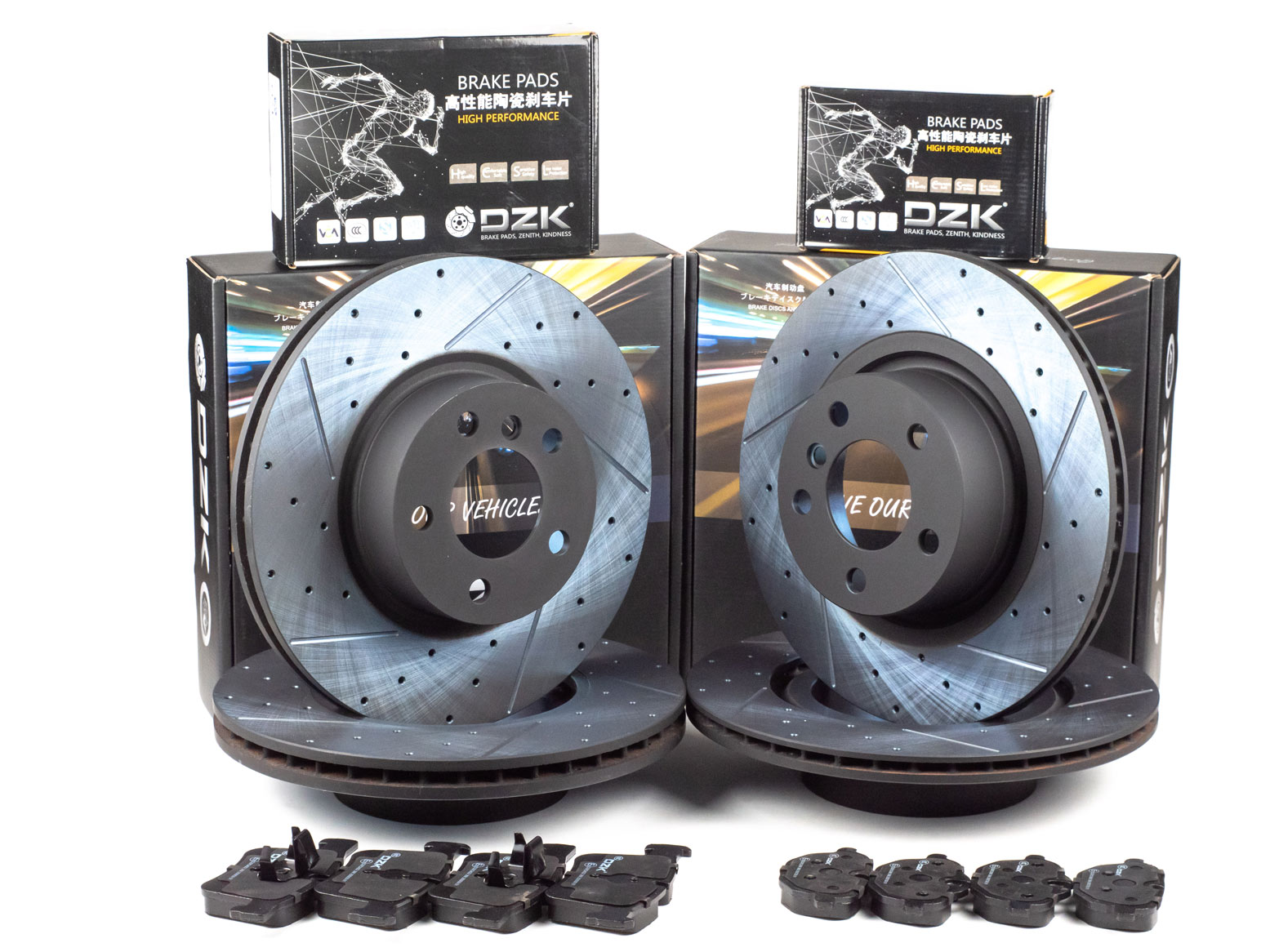 Комплект передних и задних тормозных дисков и колодок DZK для BMW X3 (F25) 2010 - 2017