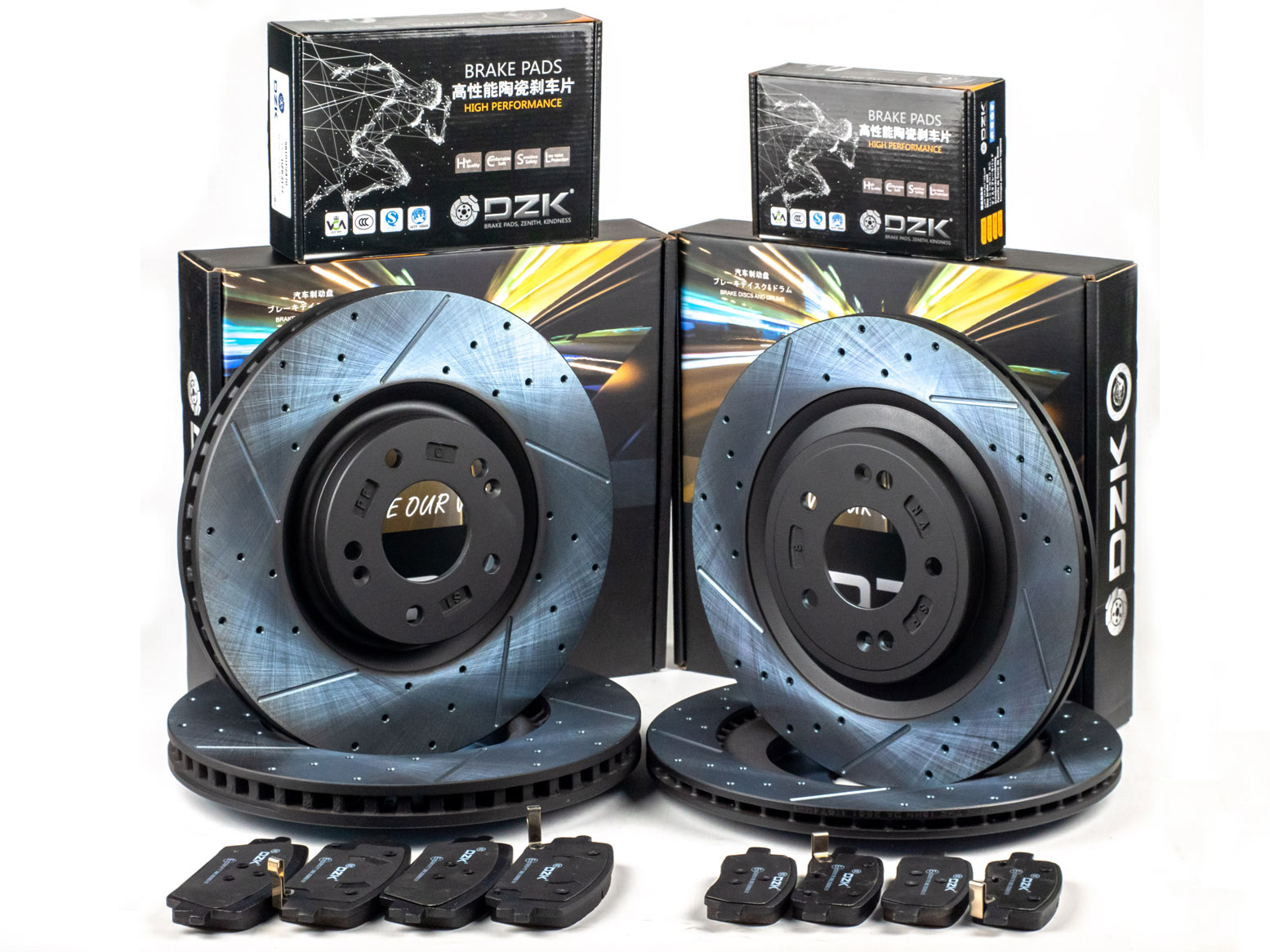 Комплект передних и задних тормозных дисков и колодок DZK для KIA SORENTO GEN 3 2014 - 2024