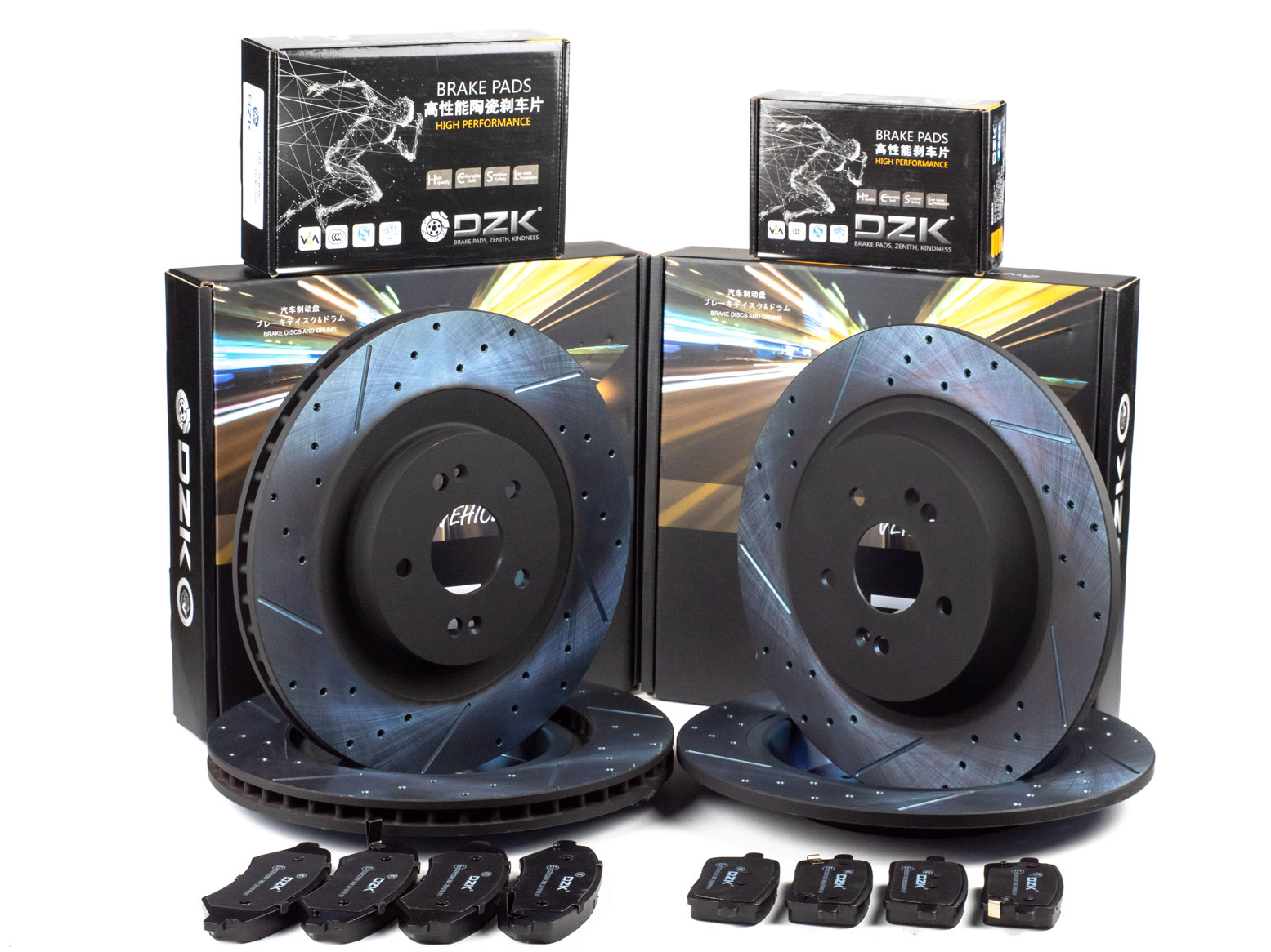 Комплект передних и задних тормозных дисков и колодок DZK для JETOUR X70 Plus ШИП GEN 1 2021-н.в. 1.6 АМТ7 190 FWD