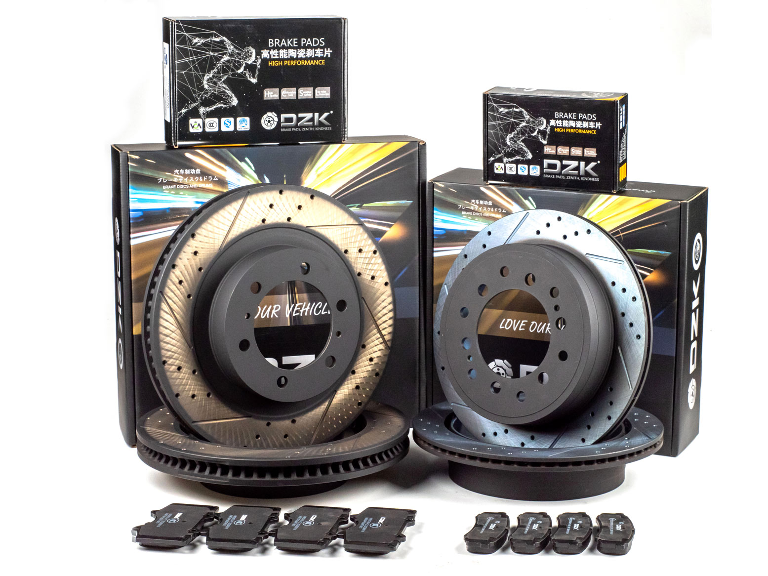 Комплект передних и задних тормозных дисков и колодок DZK для TOYOTA LAND CRUISER PRADO GEN 4 2009-2022 (J150)