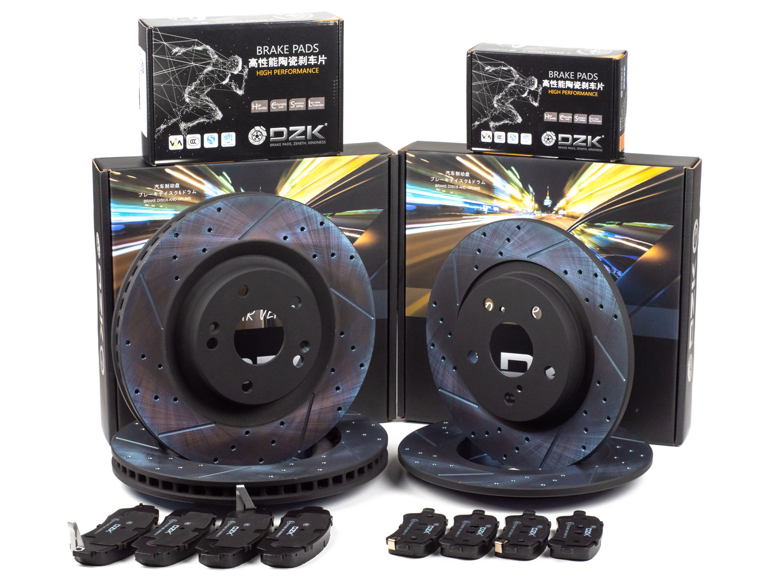 Комплект передних и задних тормозных дисков и колодок DZK для LIVAN X6 PRO GEN 1 2023 - н.в. 1.5T AMT7 147 FWD