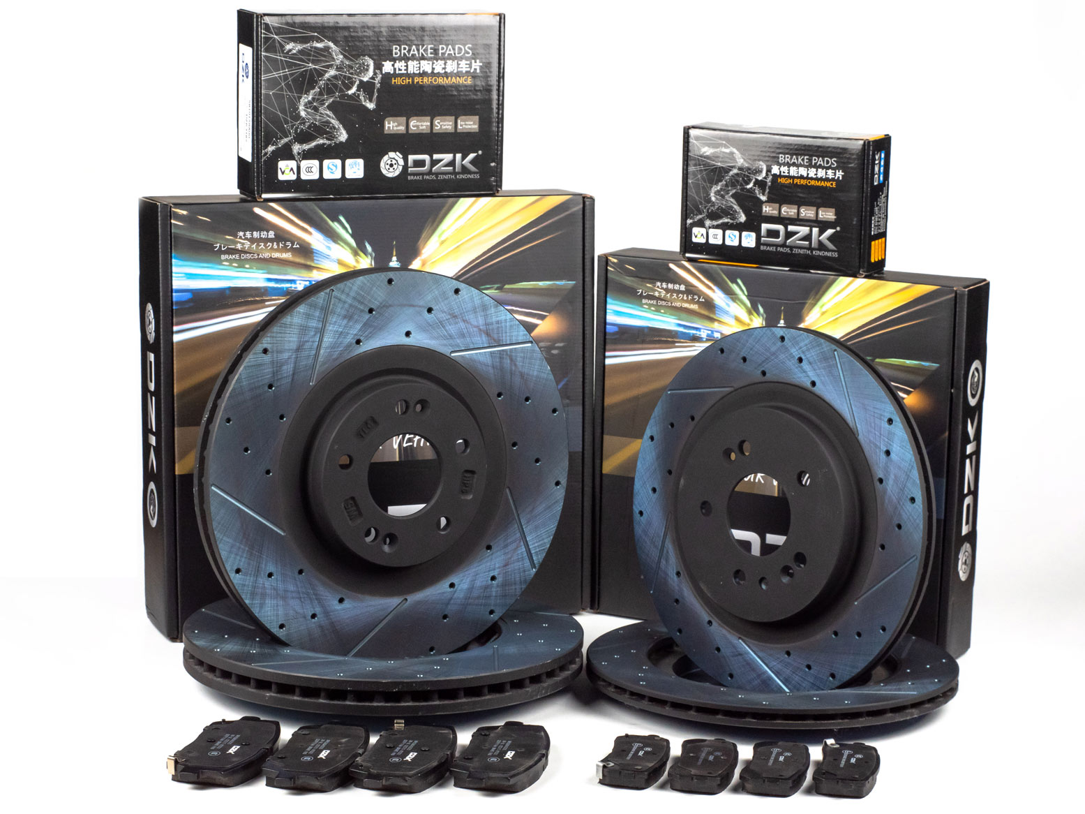 Комплект передних и задних тормозных дисков и колодок DZK для HYUNDAI SANTA FE GEN 4 2018 - 2024