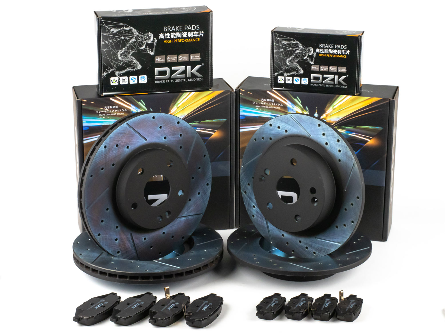 Комплект передних и задних тормозных дисков и колодок DZK для GELLY COOLRAY GEN 1 2019-2024 1.5 AMT7 150 FWD