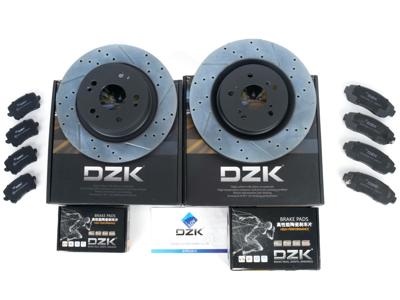 Комплект передних и задних тормозных дисков и колодок DZK для HAVAL F7 GEN 1 2018-2024 1.5 AMT7 150 AWD