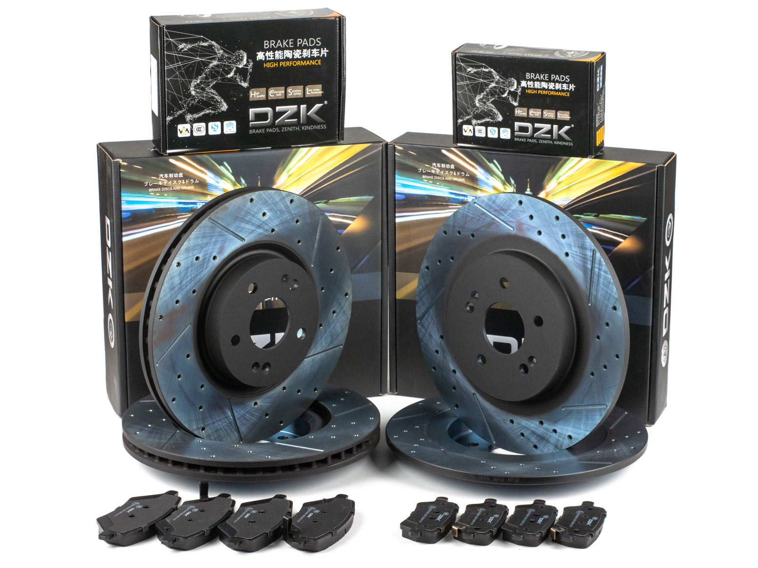 Комплект передних и задних тормозных дисков и колодок DZK для CHERY TIGGO 4 CVT 2.0 122 л.с. эл. ручник