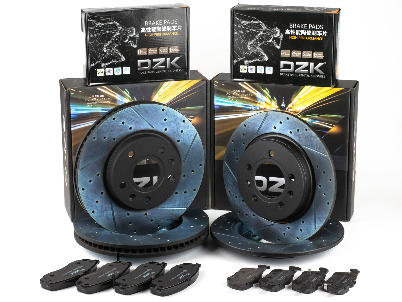Комплект передних и задних тормозных дисков и колодок DZK для Changan UNI-T GEN 1 2020 - н.в. 1.5 АМТ7 167 FWD