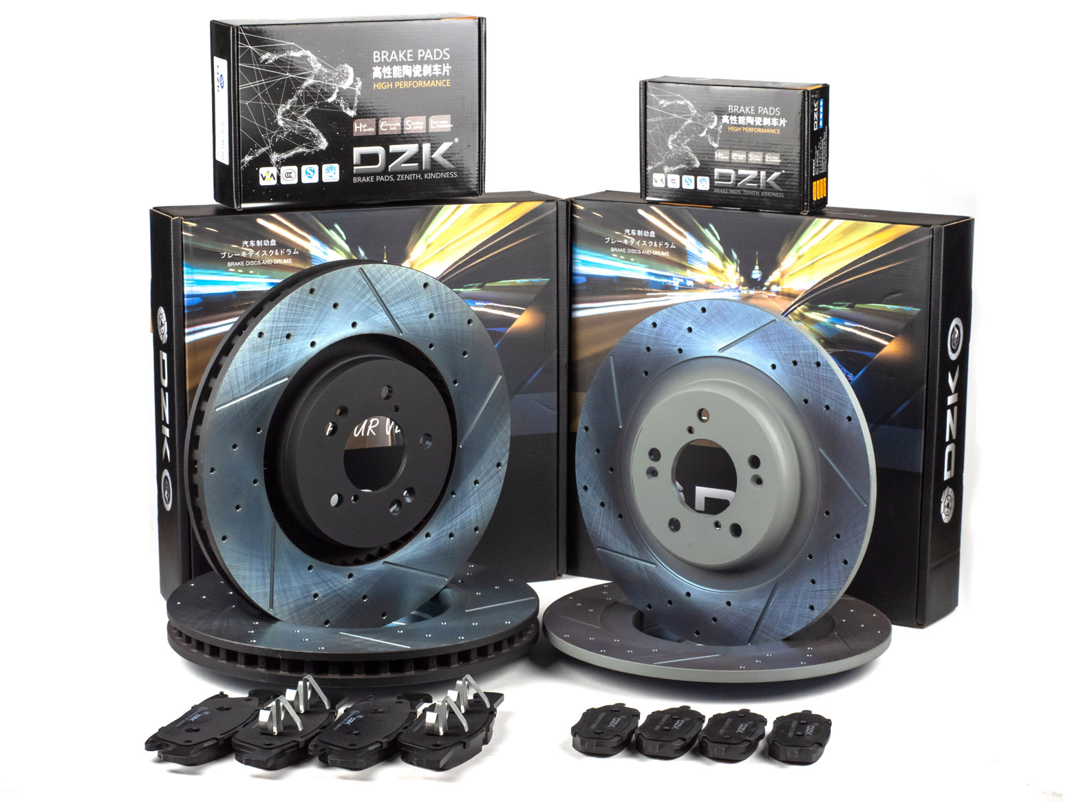 Комплект передних и задних тормозных дисков и колодок DZK для Changan CS95 GEN 1 REST 2 2023 - н.в. 2.0 AT8 226 AWD