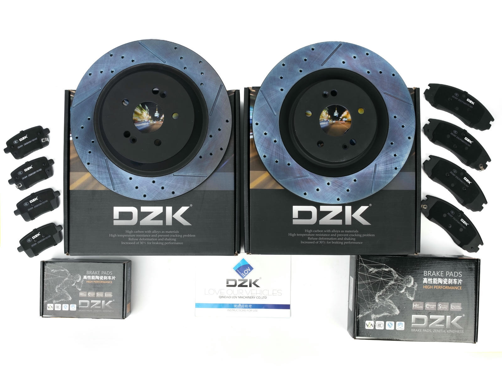 Комплект передних и задних тормозных дисков и колодок DZK для JETOUR X70 Plus ПАЗ GEN 1 2020-н.в. 1.6 АМТ7 190 FWD