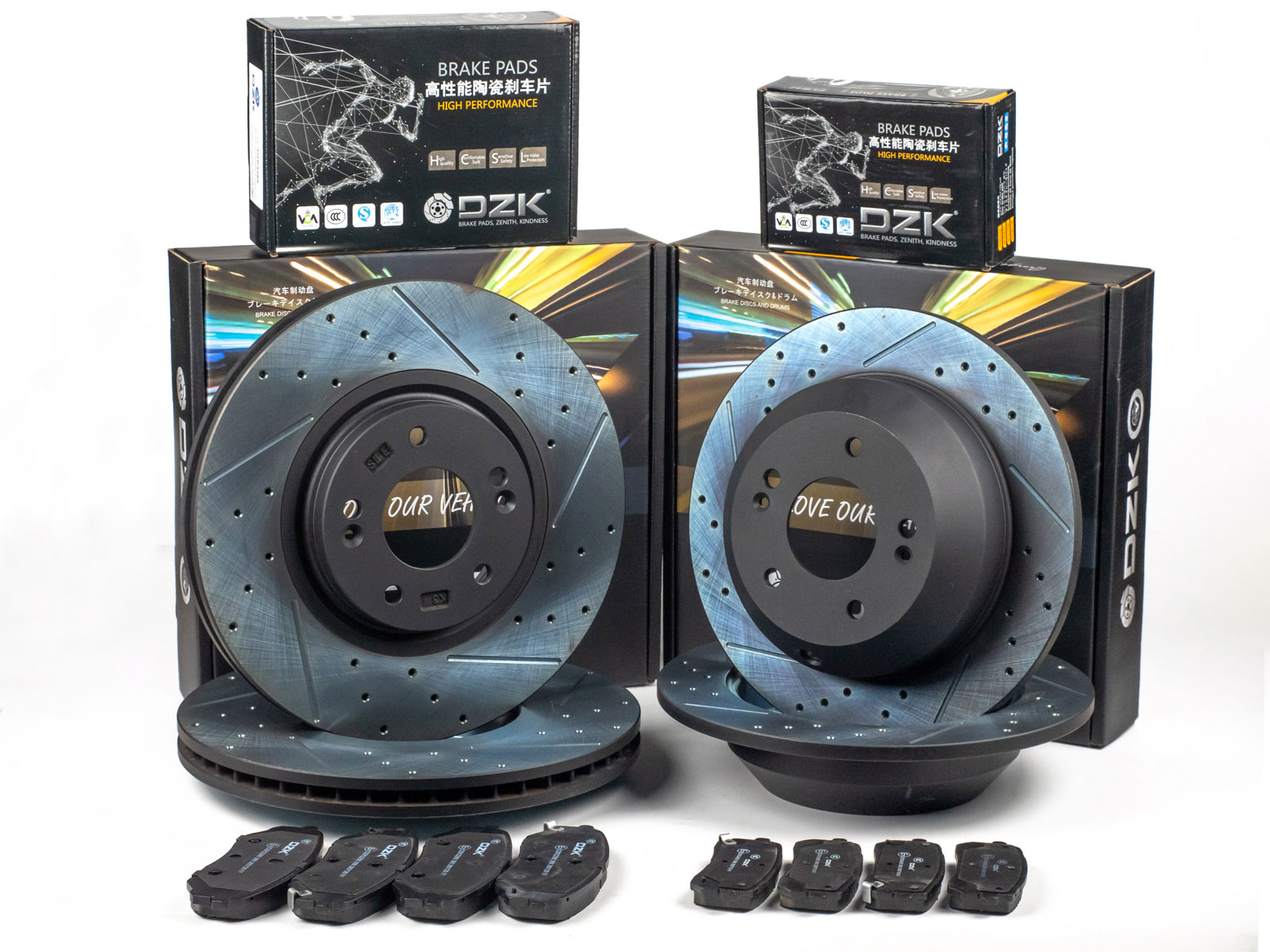 Комплект передних и задних тормозных дисков и колодок DZK для KIA SORENTO PRIME GEN 3 2014 - 2020