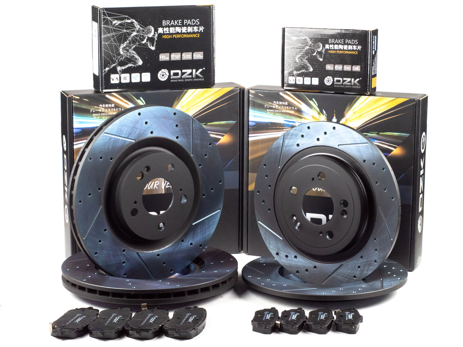 Комплект передних и задних тормозных дисков и колодок DZK для HAVAL F7 GEN 2 2024-н.в. 1.5 AMT7 150 FWD