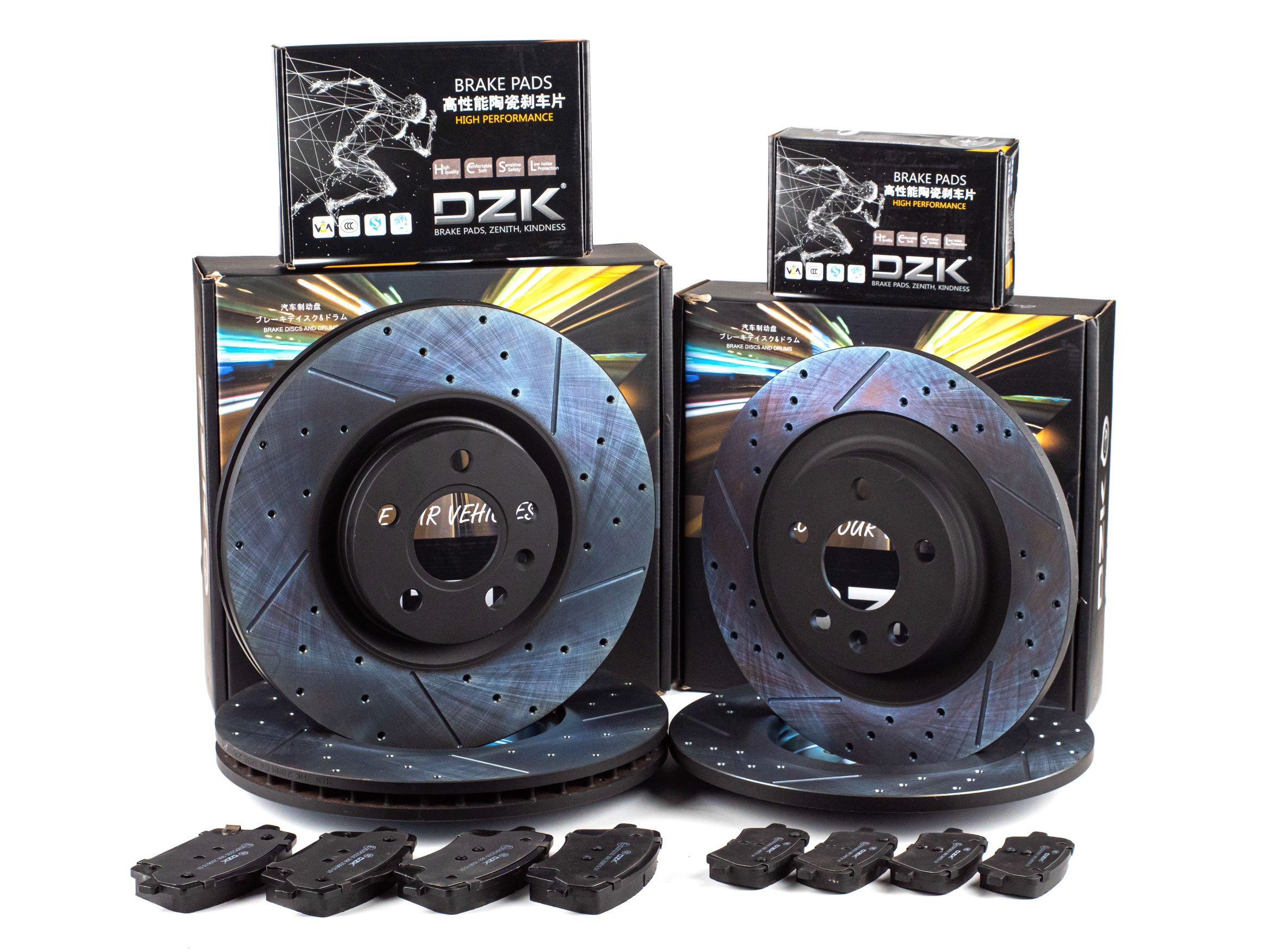Комплект передних и задних тормозных дисков и колодок DZK для GELLY TUGELLA GEN 1 2019-2023 2.0 AT8 238 AWD
