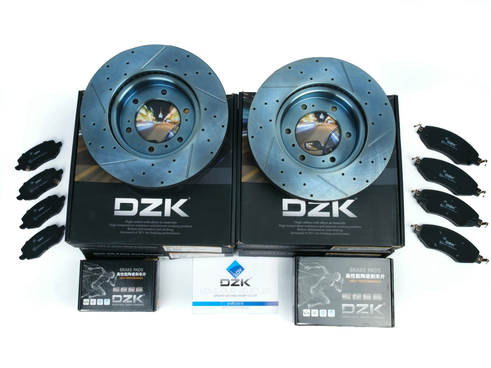 Комплект передних и задних тормозных дисков и колодок DZK для HAVAL H9 GEN 2 2017-2024 2.0 AT8 218 AWD