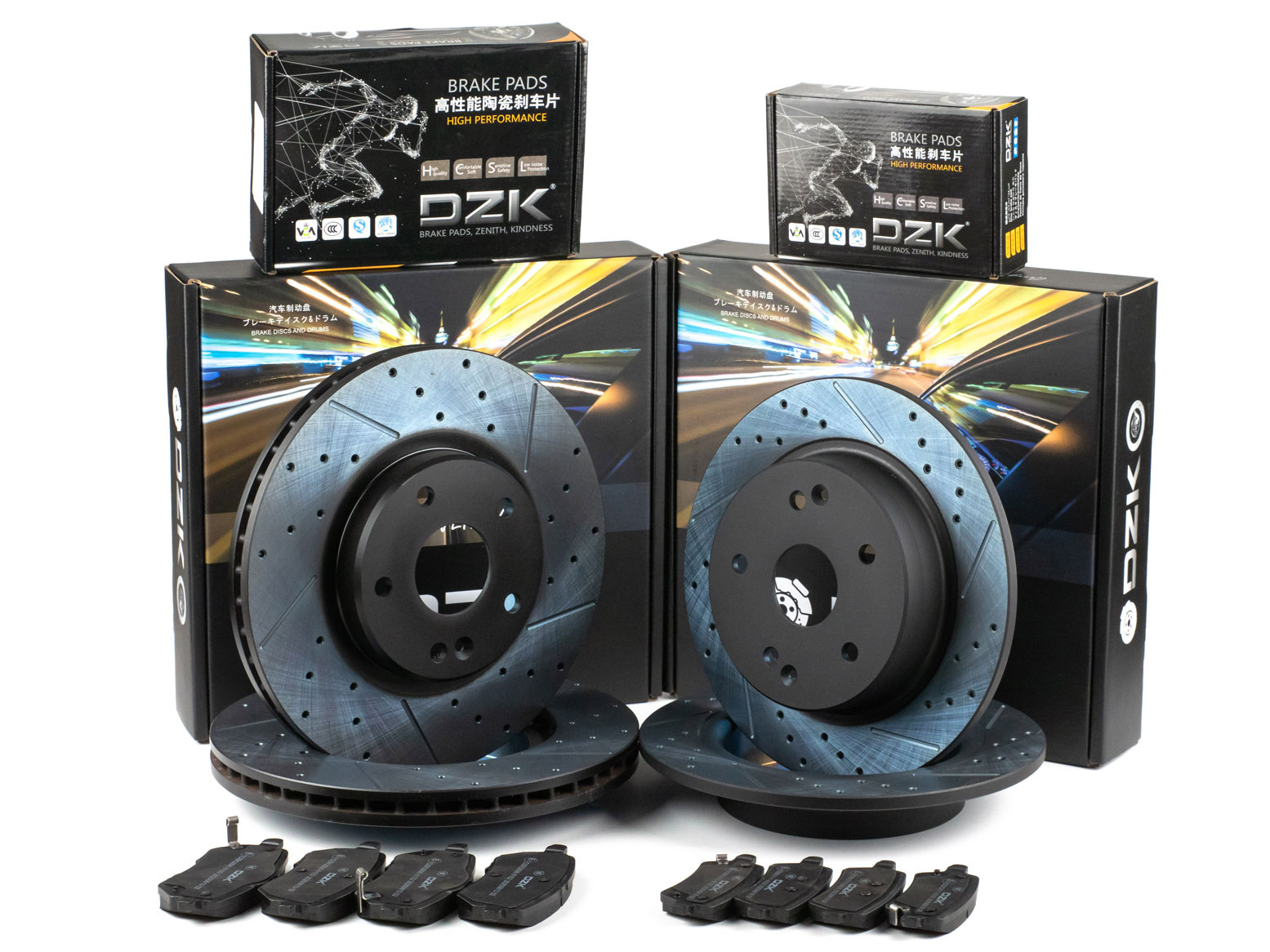 Комплект передних и задних тормозных дисков и колодок DZK для GEELY COOLRAY NEW GEN 1 2023 - н.в. 1.5 AMT7 174 FWD