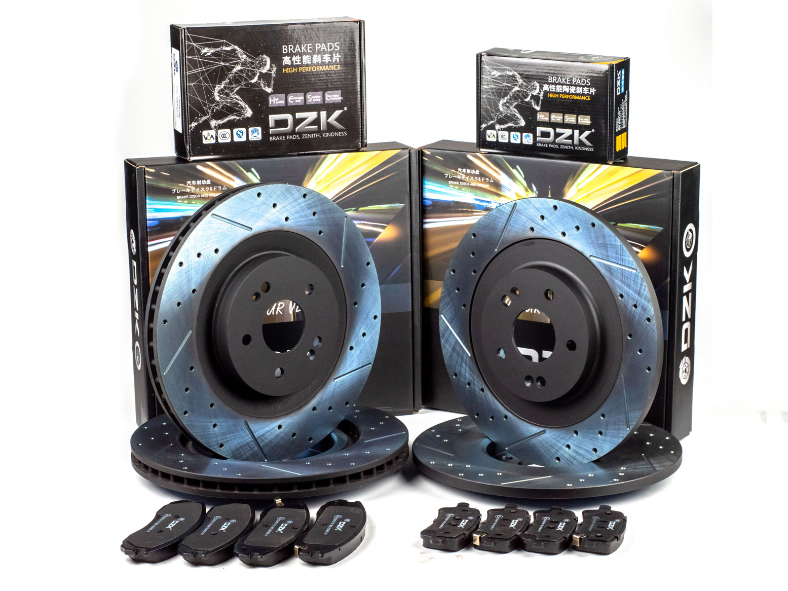 Комплект передних и задних тормозных дисков и колодок DZK для JETOUR DASHING SPORT GEN 1 2022-н.в. 1.6T AT8 186 AWD