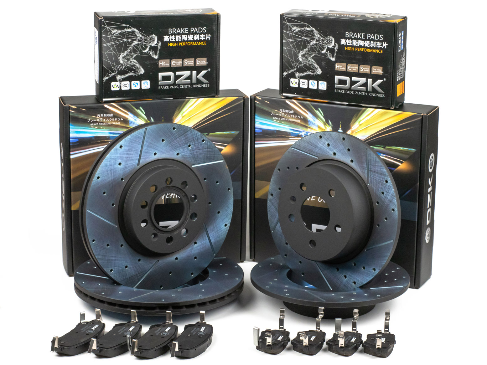 Комплект передних и задних тормозных дисков и колодок DZK для GAC GS5 GEN 1 2020-2024 AMT 137 FWD