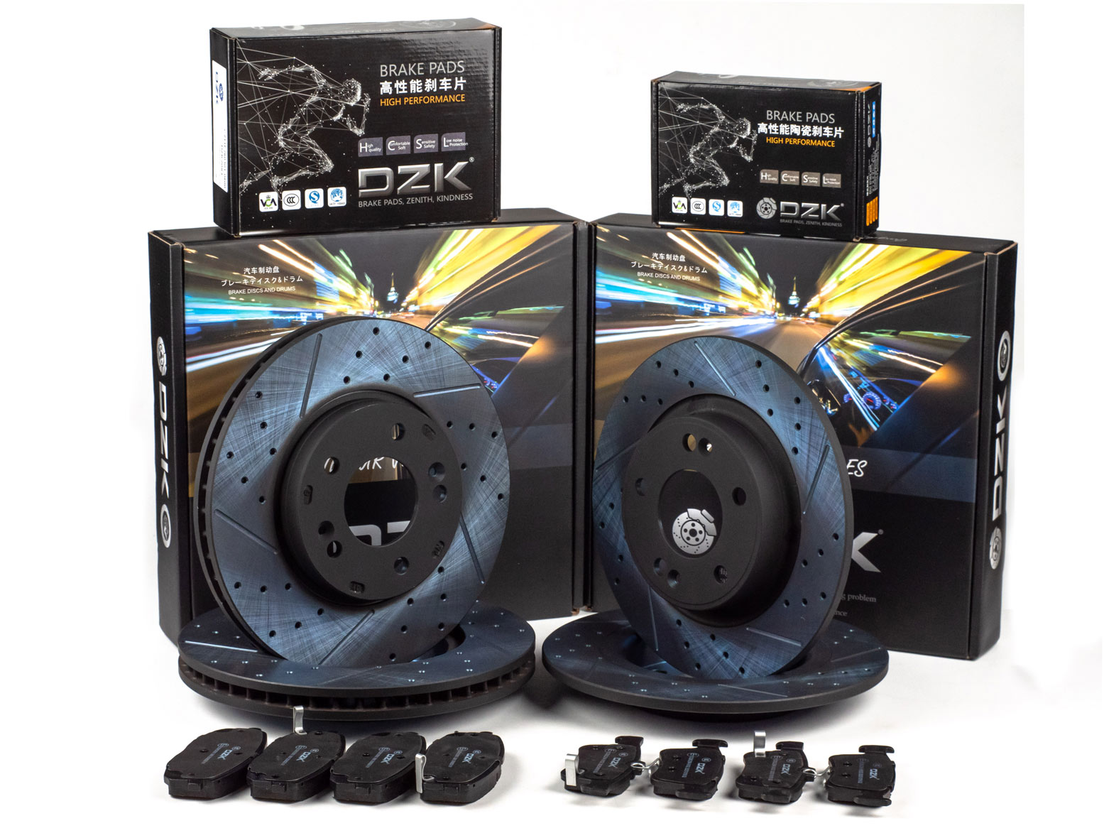 Комплект передних и задних тормозных дисков и колодок DZK для Changan EADOplus GEN 1 2020 - н.в. 1.4 АМТ7 160 FWD