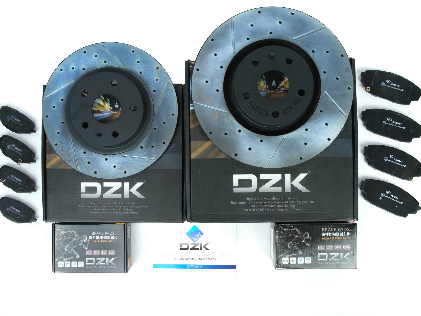 Комплект передних и задних тормозных дисков и колодок DZK для GAC GS8 GEN 2 2021 - н.в. 2.0 AT8 231 AWD