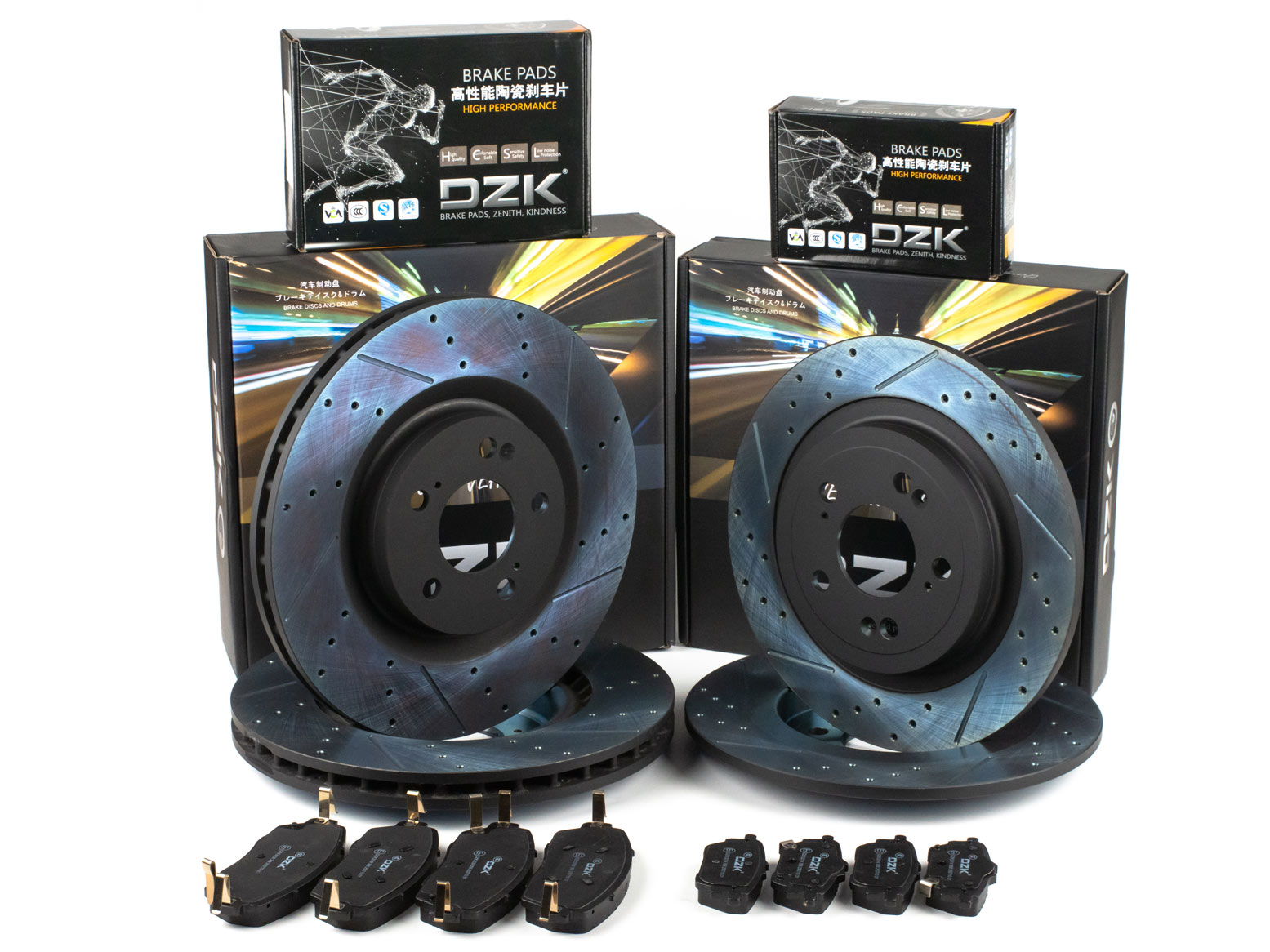 Комплект передних и задних тормозных дисков и колодок DZK для HAVAL DARGO GEN 1 2022-н.в. 2.0 AMT7 192 AWD
