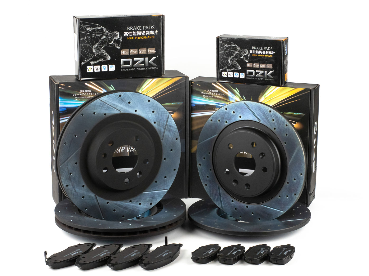 Комплект передних и задних тормозных дисков и колодок DZK для Changan UNI-K GEN 1 2020 - н.в. 2.0 AT8 226 AWD