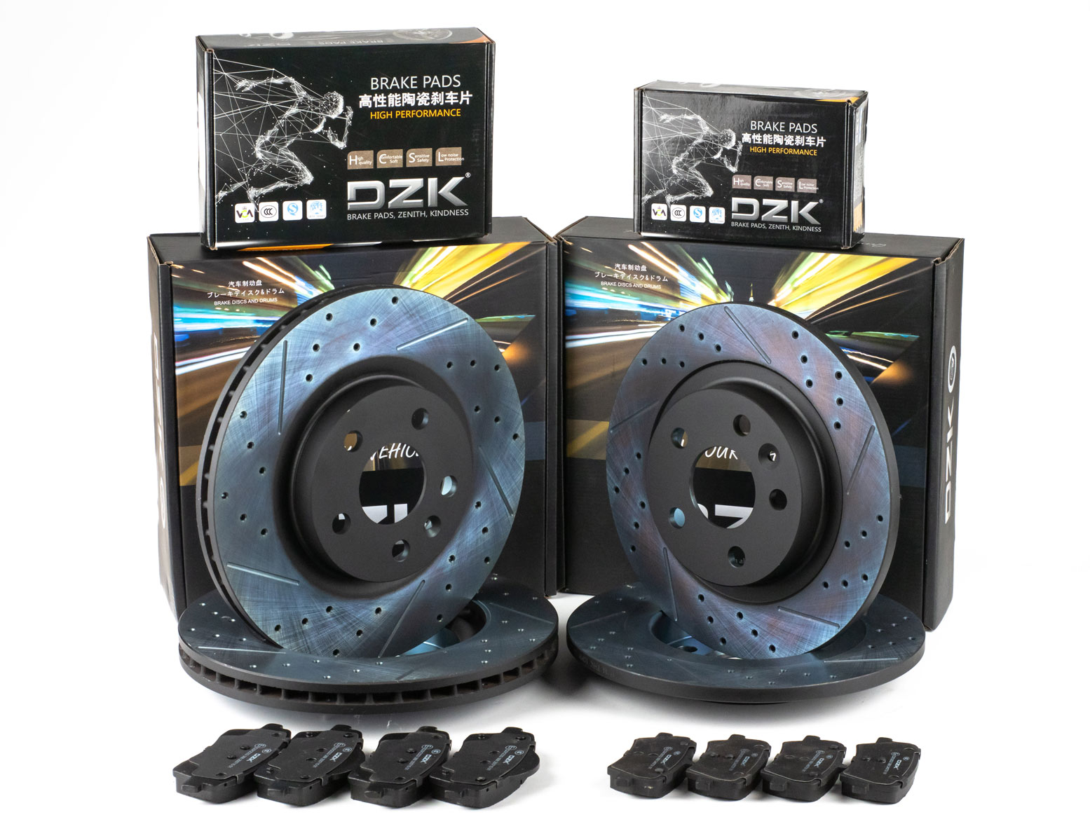 Комплект передних и задних тормозных дисков и колодок DZK для GEELY PREFACE GEN 1 2024 - н.в.