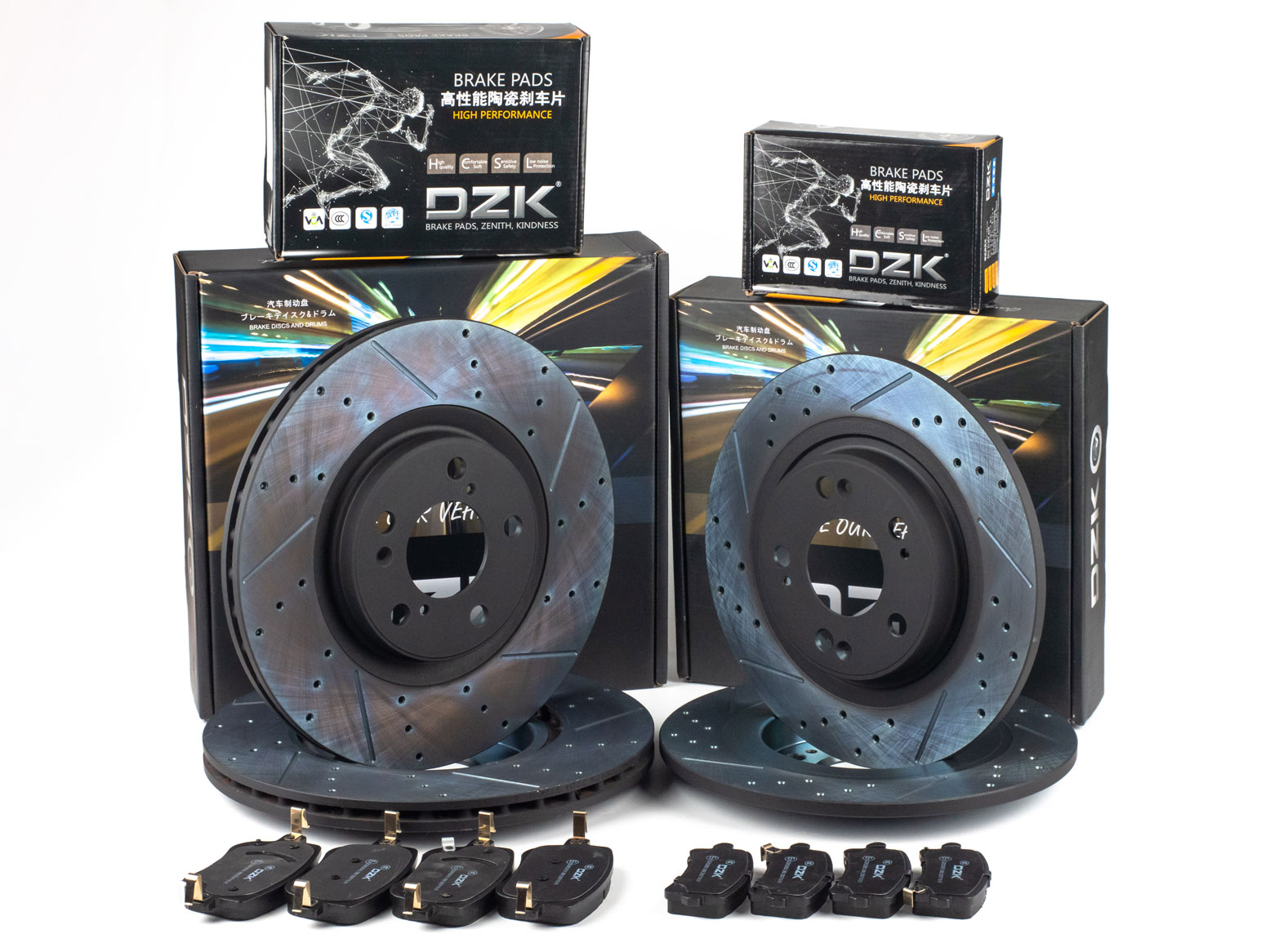 Комплект передних и задних тормозных дисков и колодок DZK для HAVAL JOLION GEN 1 2021-2024 1.5 AMT7 150 AWD