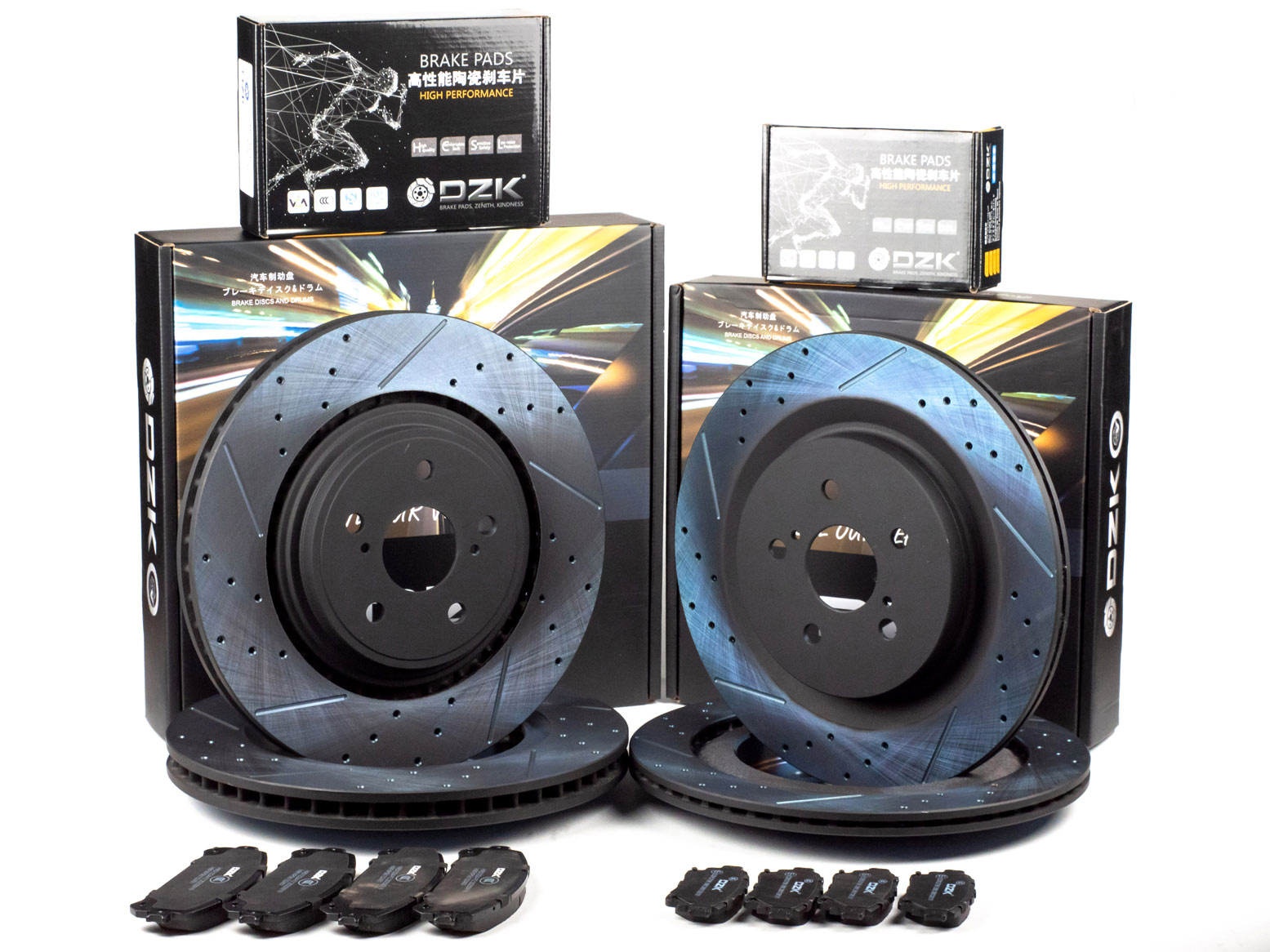 Комплект передних и задних тормозных дисков и колодок DZK для TOYOTA HIGHLANDER GEN 4 2019 - 2026 (XU70)