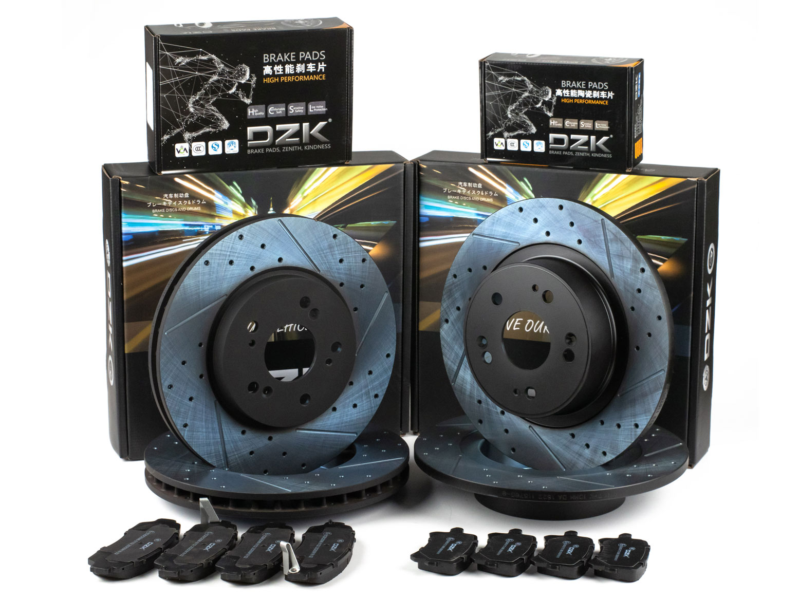 Комплект передних и задних тормозных дисков и колодок DZK для HAVAL M6 GEN 2 2021-н.в. 1.5 AMT7 143 FWD