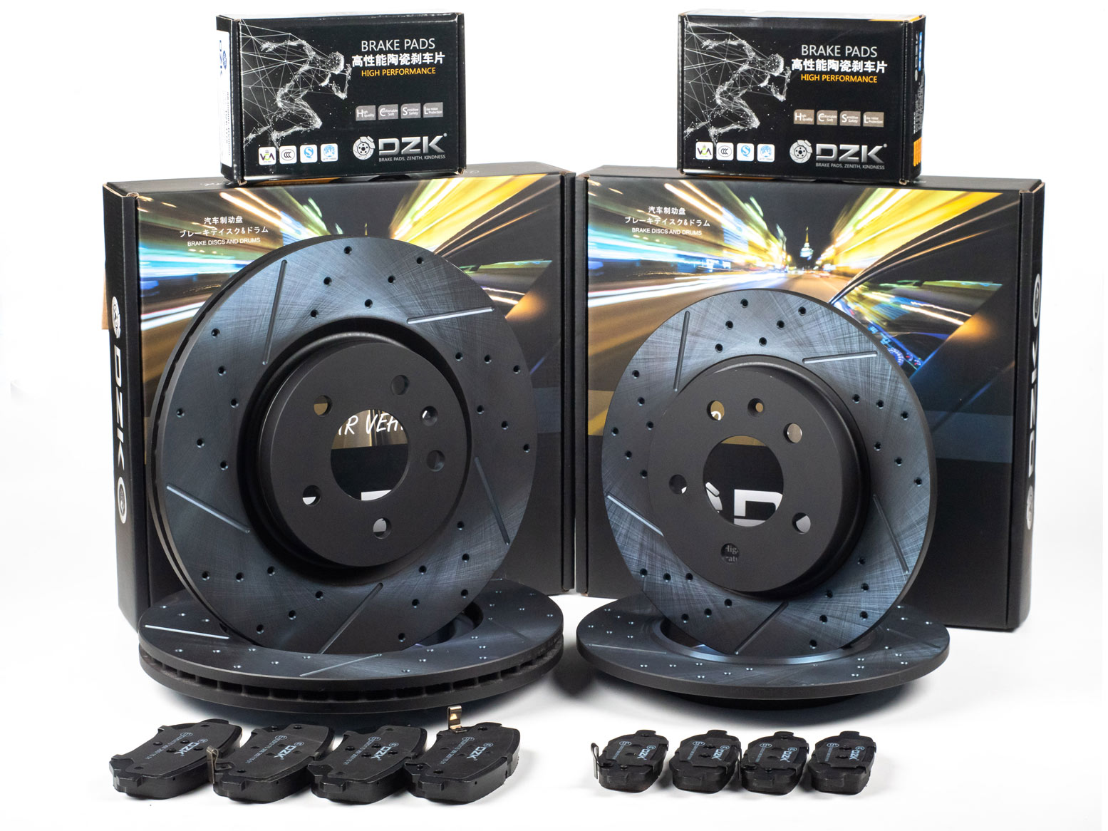 Комплект передних и задних тормозных дисков и колодок DZK для GAC GS3 GEN 1 2024 - н.в. 1.5 AMT7 170 FWD