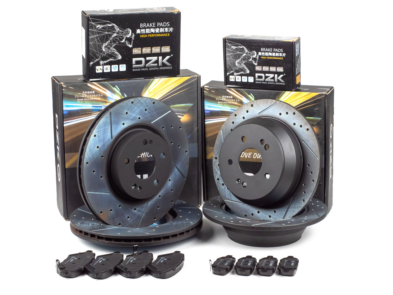 Комплект передних и задних тормозных дисков и колодок DZK для CHERY TIGGO 4 FWD 2.0 122 л.с. мех. ручник