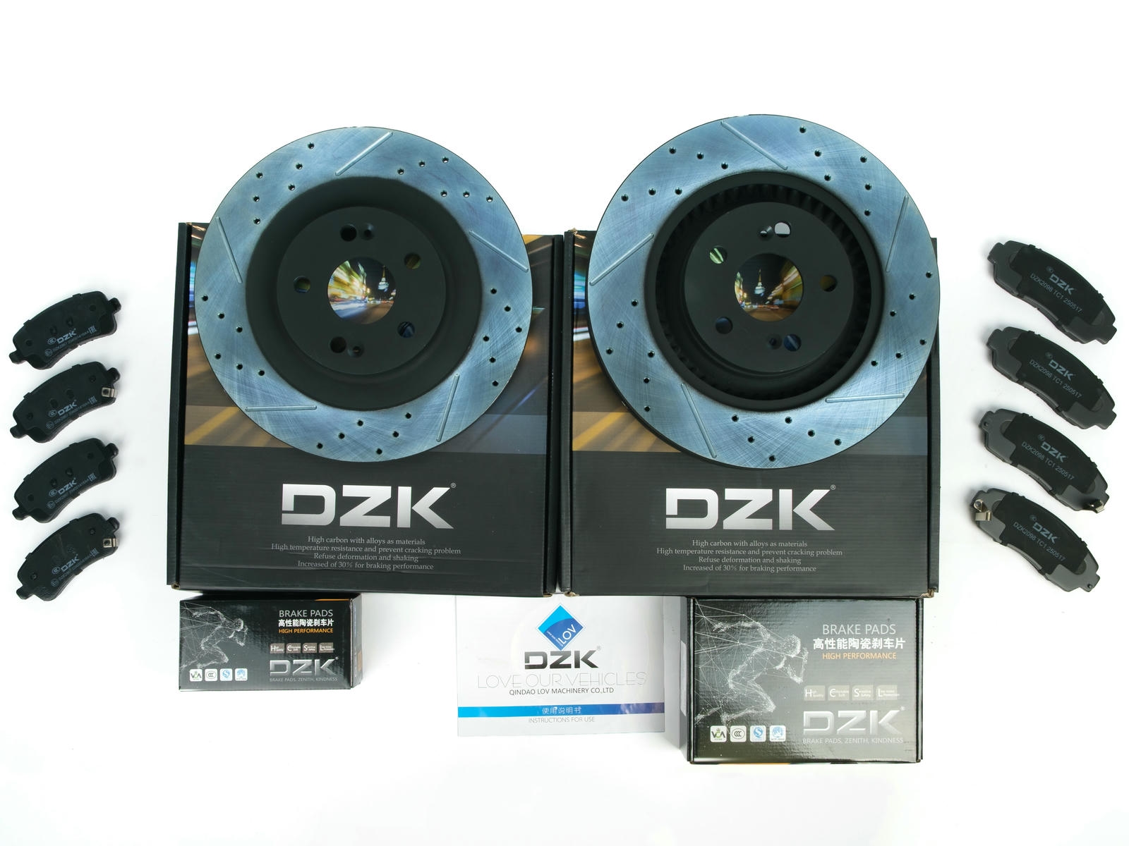 Комплект передних и задних тормозных дисков и колодок DZK для JETOUR T2 GEN 1 2023-н.в. 2.0 АМТ7 245 AWD